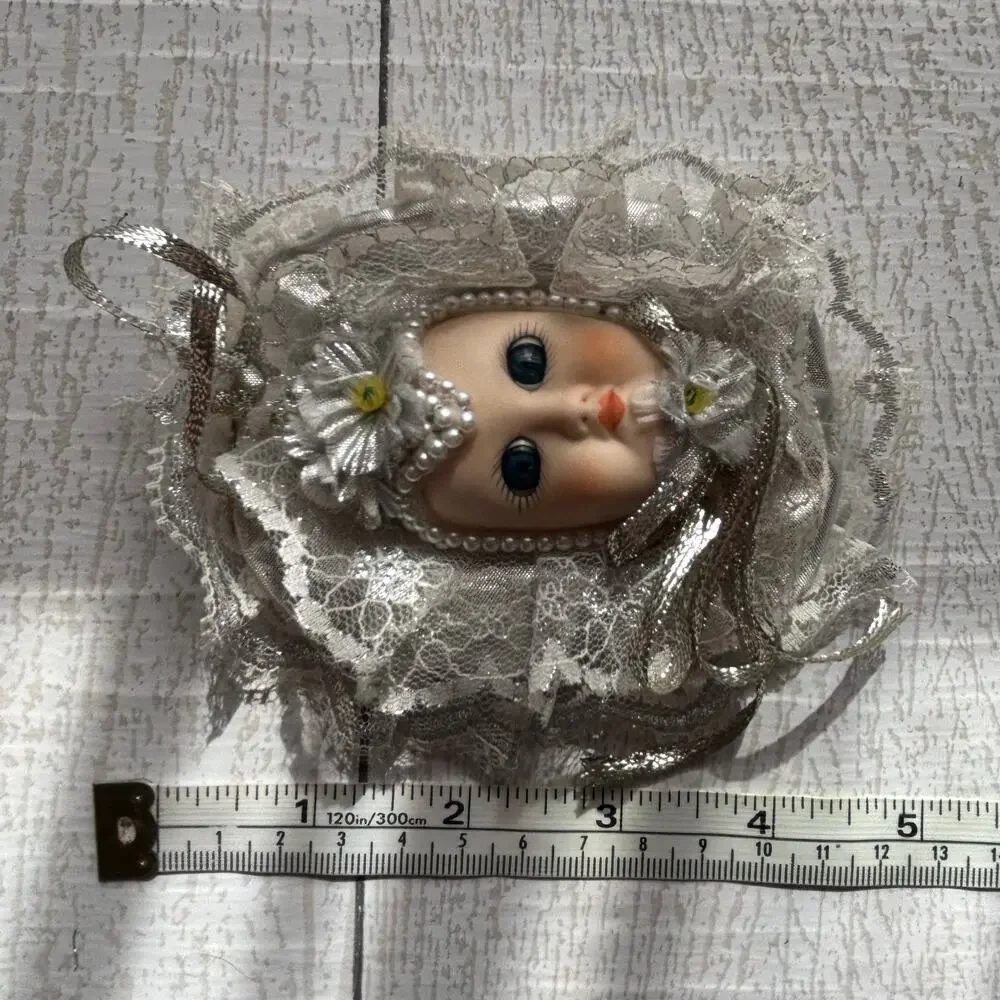 Vintage Angel Face Christmas Ornament Silver Lace Pearl
